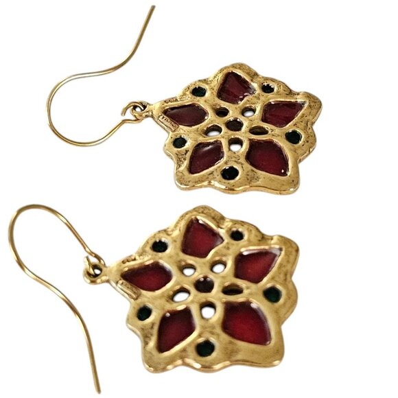 MMA Plique-A-Jour Style French Hook Poinsettia Earrings, Signed L514 - Picture 7 of 11